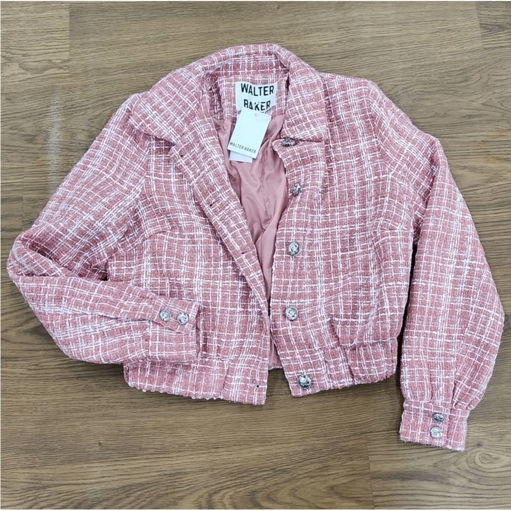 NWT Walter Baker Cropped Pink & White Tweed Moto Jacket - Picture 5 of 6